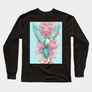 Teal bird with pink flowers Long Sleeve T-Shirt